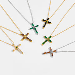 S925 Sterling Silver Multicolor Rectangular Zircon Cross Hanging Necklace